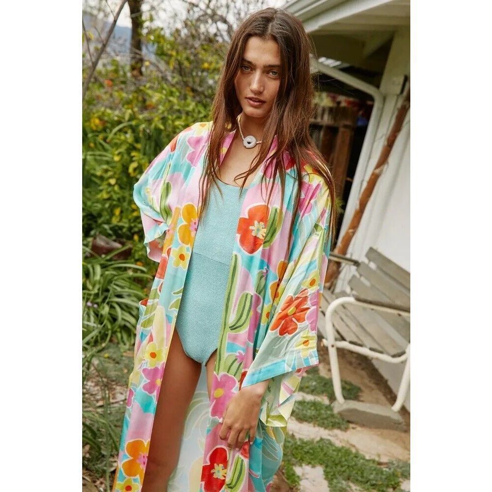 Spell Floral Pastel Silk Kimono Robe in Aqua, Pink & Yellow - Picture 2 of 10
